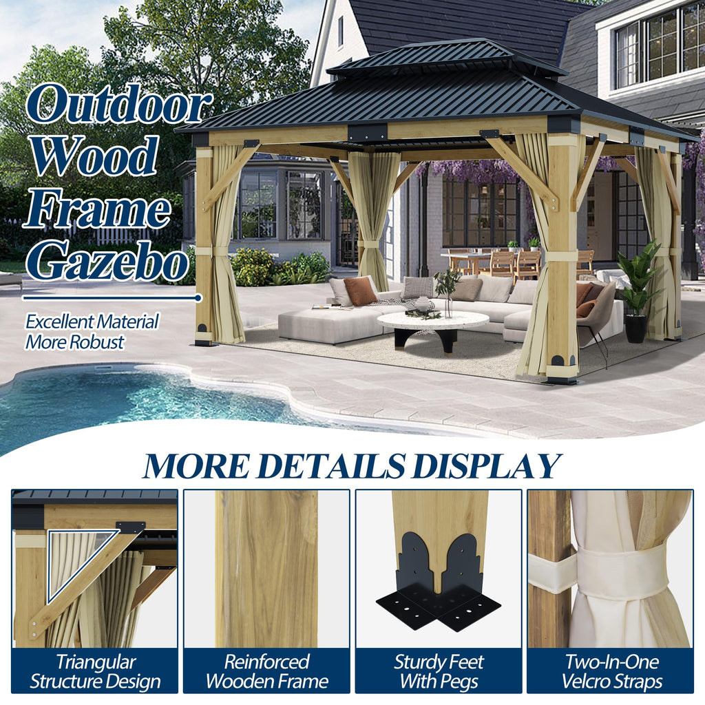 COVERONICS 11FT x 13FT Outdoor Cedar Wooden Gazebo - Patio Wood Frame Gazebo with Galvanized Steel Hardtop, Heavy-Duty Hardtop Gazebo with Netting & Curtains for Garden, Poolside, Deck, Backyard