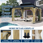 COVERONICS 11FT x 13FT Outdoor Cedar Wooden Gazebo - Patio Wood Frame Gazebo with Galvanized Steel Hardtop, Heavy-Duty Hardtop Gazebo with Netting & Curtains for Garden, Poolside, Deck, Backyard