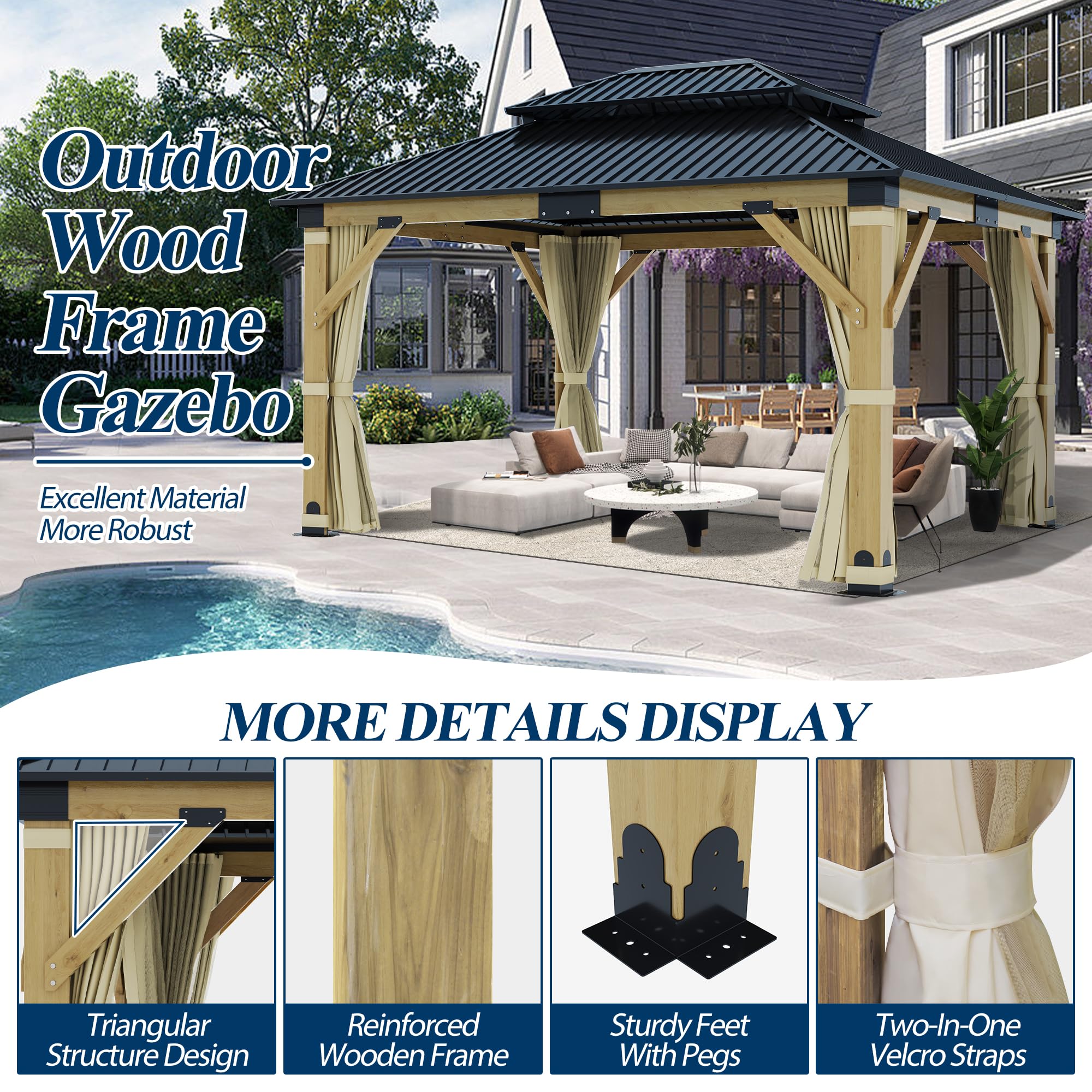 COVERONICS 11FT x 13FT Outdoor Cedar Wooden Gazebo - Patio Wood Frame Gazebo with Galvanized Steel Hardtop, Heavy-Duty Hardtop Gazebo with Netting & Curtains for Garden, Poolside, Deck, Backyard