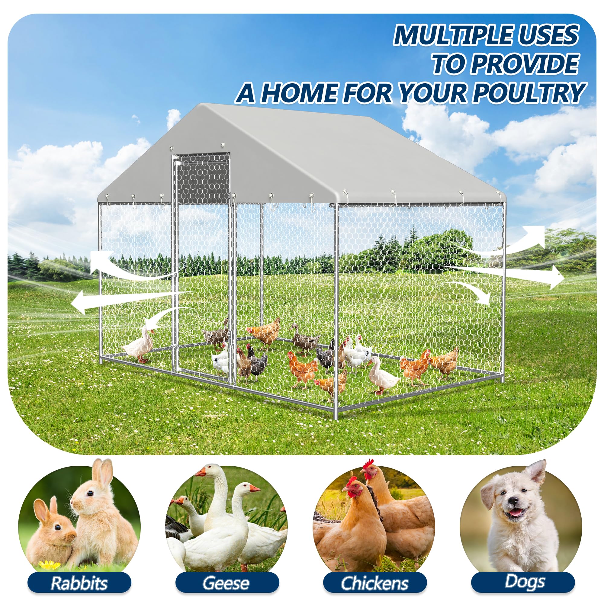 COVERONICS Metal Chicken Coop Run - Outdoor Large Chicken Coop with Waterproof Cover and Security Lock, Walk-in Poultry Pen for Outdoor Yard Farm 9.7 * 6.5 * 6.4FT (1-Unit Spire Roof Coop)
