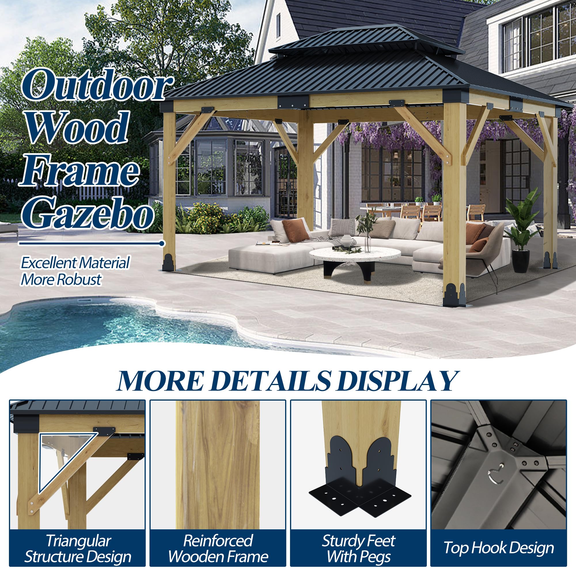 COVERONICS 11FT x 13FT Outdoor Cedar Wooden Gazebo - Patio Wood Frame Gazebo with Galvanized Steel Hardtop, Heavy-Duty Hardtop Gazebo for Garden, Poolside, Deck, Backyard