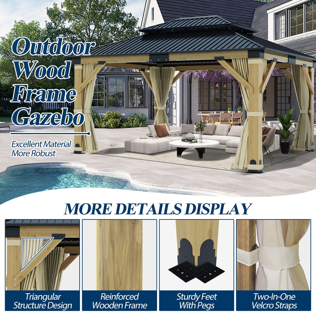 COVERONICS 13FT x 15FT Outdoor Cedar Wooden Gazebo - Patio Wood Frame Gazebo with Galvanized Steel Hardtop, Heavy-Duty Hardtop Gazebo with Netting & Curtains for Garden, Poolside, Deck, Backyard