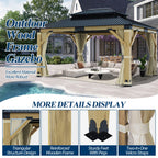 COVERONICS 13FT x 15FT Outdoor Cedar Wooden Gazebo - Patio Wood Frame Gazebo with Galvanized Steel Hardtop, Heavy-Duty Hardtop Gazebo with Netting & Curtains for Garden, Poolside, Deck, Backyard