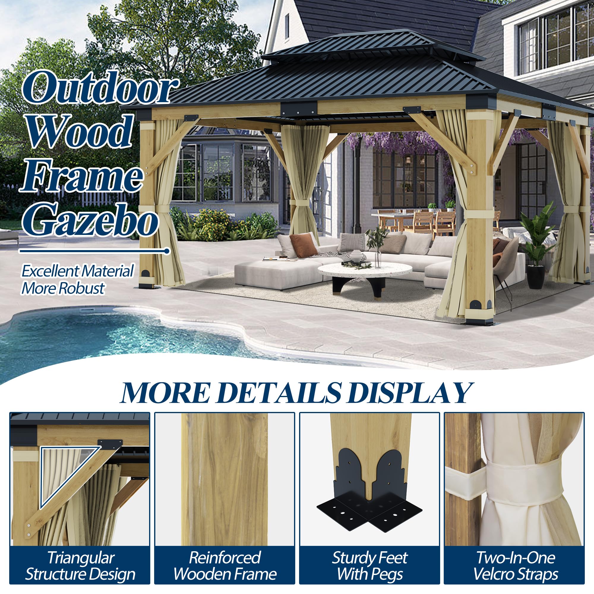 COVERONICS 13FT x 15FT Outdoor Cedar Wooden Gazebo - Patio Wood Frame Gazebo with Galvanized Steel Hardtop, Heavy-Duty Hardtop Gazebo with Netting & Curtains for Garden, Poolside, Deck, Backyard