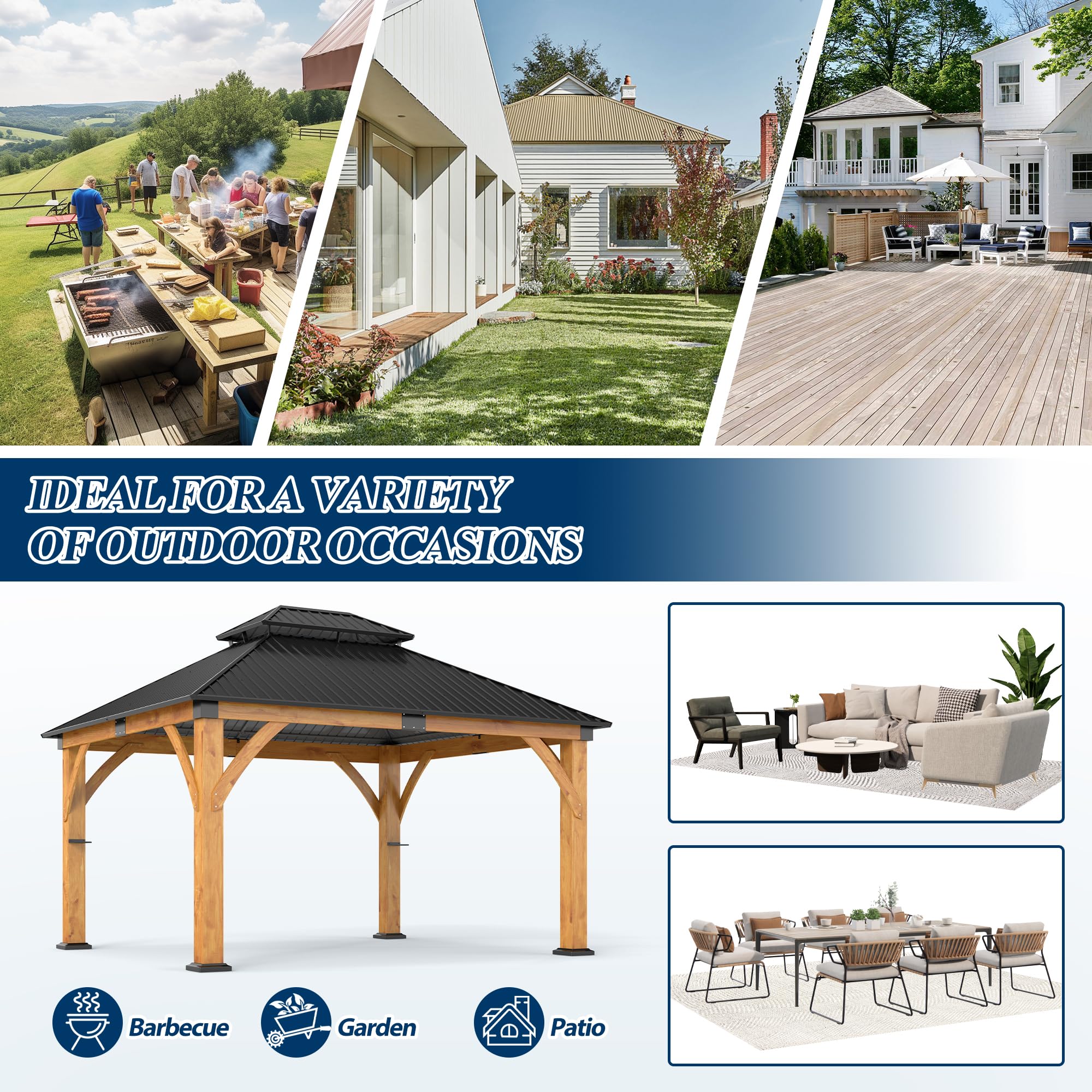 COVERONICS 11FT x 13FT Outdoor Spruce Wooden Gazebo - Patio Wood Frame Gazebo with Galvanized Steel Double Roof, Heavy-Duty Hardtop Gazebos for Garden, Poolside, Deck, Backyard