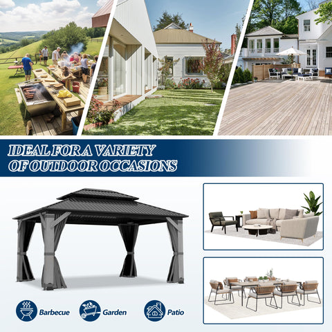 COVERONICS 12FT x 16FT Outdoor Hardtop Gazebo - Patio Cedar Wood Post Gazebo with Galvanized Steel Hardtop, Heavy-Duty Double Roof Pavilion with Netting & Curtains for Garden, Poolside, Deck, Backyard
