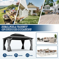 COVERONICS 12FT x 16FT Outdoor Hardtop Gazebo - Patio Cedar Wood Post Gazebo with Galvanized Steel Hardtop, Heavy-Duty Double Roof Pavilion with Netting & Curtains for Garden, Poolside, Deck, Backyard