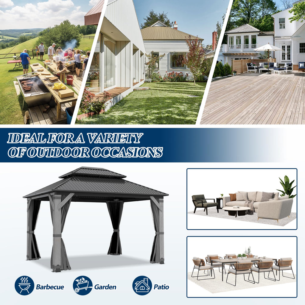 COVERONICS 10FT x 12FT Outdoor Hardtop Gazebo - Patio Cedar Wood Post Gazebo with Galvanized Steel Hardtop, Heavy-Duty Double Roof Pavilion with Netting & Curtains for Garden, Poolside, Deck, Backyard