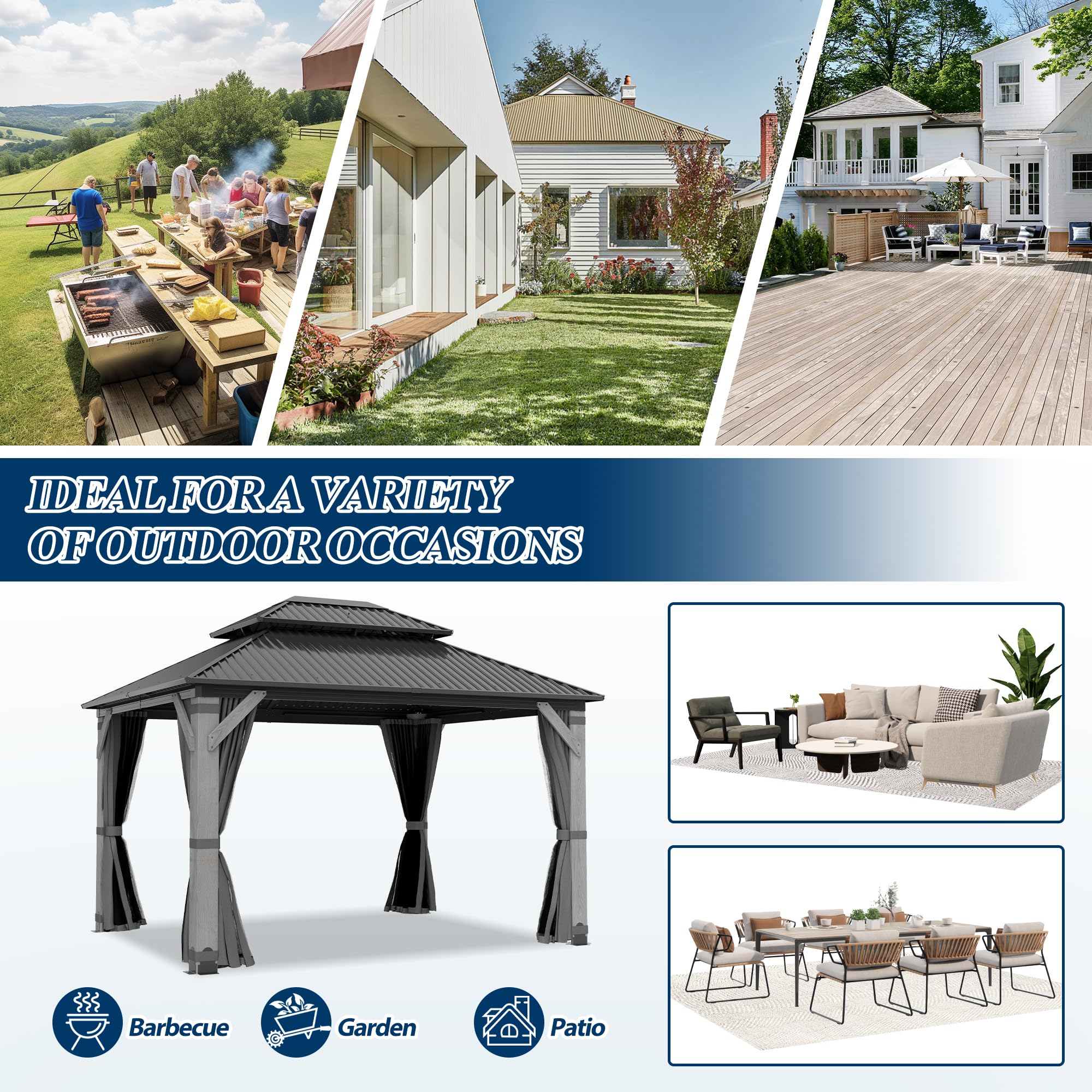 COVERONICS 10FT x 12FT Outdoor Hardtop Gazebo - Patio Cedar Wood Post Gazebo with Galvanized Steel Hardtop, Heavy-Duty Double Roof Pavilion with Netting & Curtains for Garden, Poolside, Deck, Backyard