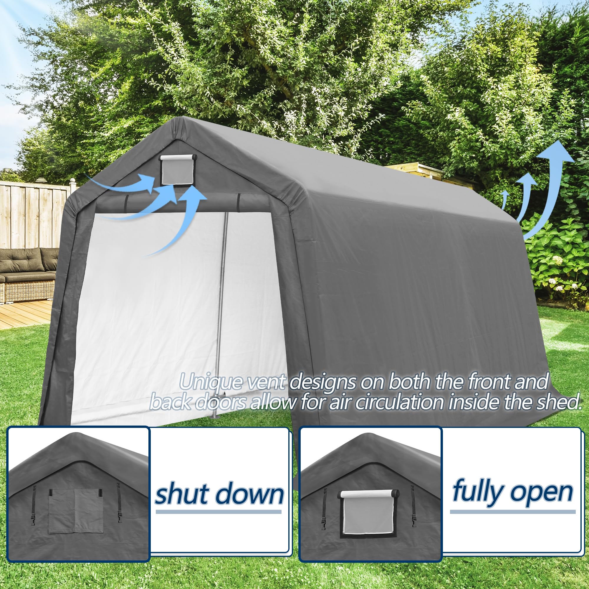 COVERONICS 7' x 12' Outdoor Storage Shed - Heavy Duty Portable Shelter Carport with Ventilation Windows and Roll-up Doors, Storage Shelter Tent for Motorcycle, Bike, Lawnmower and Garden Tools, Grey