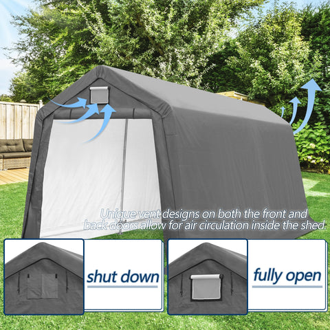 COVERONICS 7' x 12' Outdoor Storage Shed - Heavy Duty Portable Shelter Carport with Ventilation Windows and Roll-up Doors, Storage Shelter Tent for Motorcycle, Bike, Lawnmower and Garden Tools, Grey