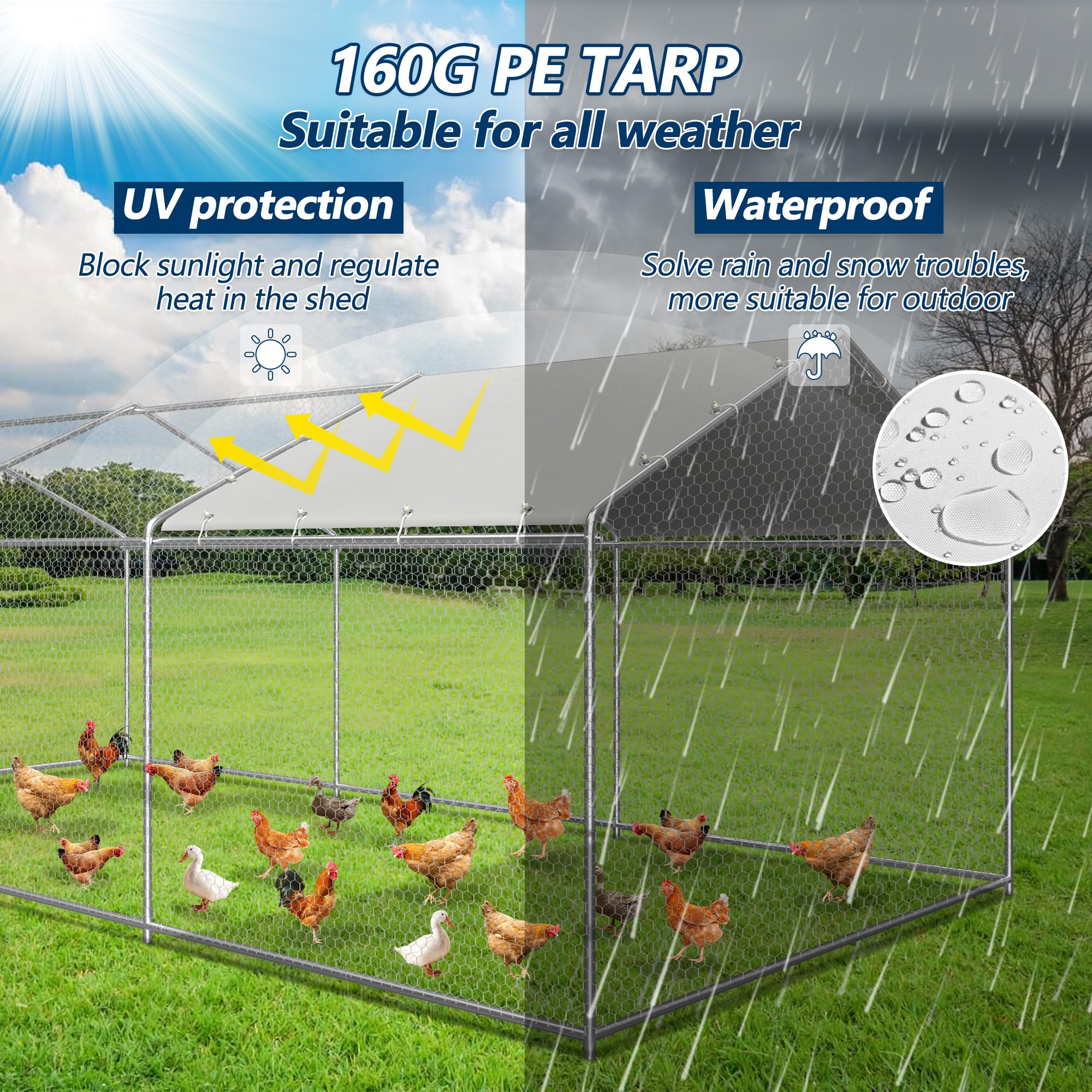COVERONICS Metal Chicken Coop Run - Outdoor Large Chicken Coop with Waterproof Cover and Security Lock, Walk-in Poultry Pen for Outdoor Yard Farm 9x19x6.4FT (3-Unit Spire Roof Coop)