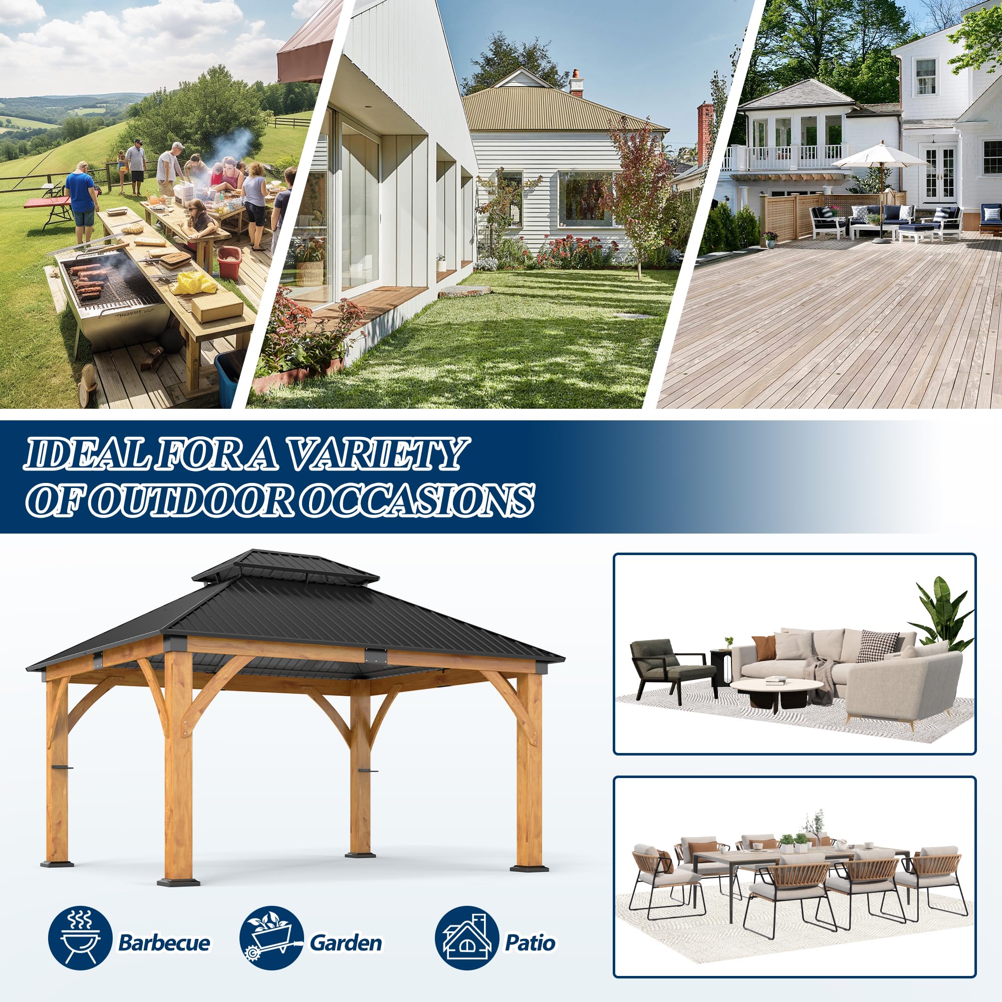 COVERONICS 13FT x 15FT Outdoor Spruce Wooden Gazebo - Patio Wood Frame Gazebo with Galvanized Steel Double Roof, Heavy-Duty Hardtop Gazebos for Garden, Poolside, Deck, Backyard