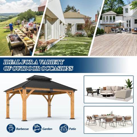 COVERONICS 13FT x 15FT Outdoor Spruce Wooden Gazebo - Patio Wood Frame Gazebo with Galvanized Steel Double Roof, Heavy-Duty Hardtop Gazebos for Garden, Poolside, Deck, Backyard