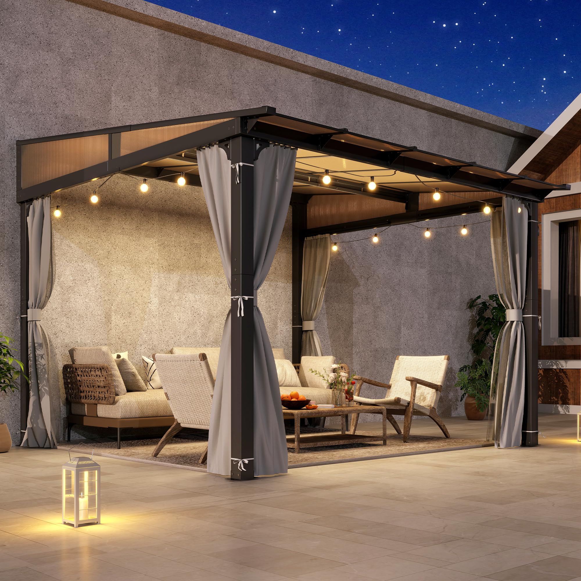 10×10 ft Polycarbonate Lean-To Gazebo with Aluminum Frame & Netting for Patio