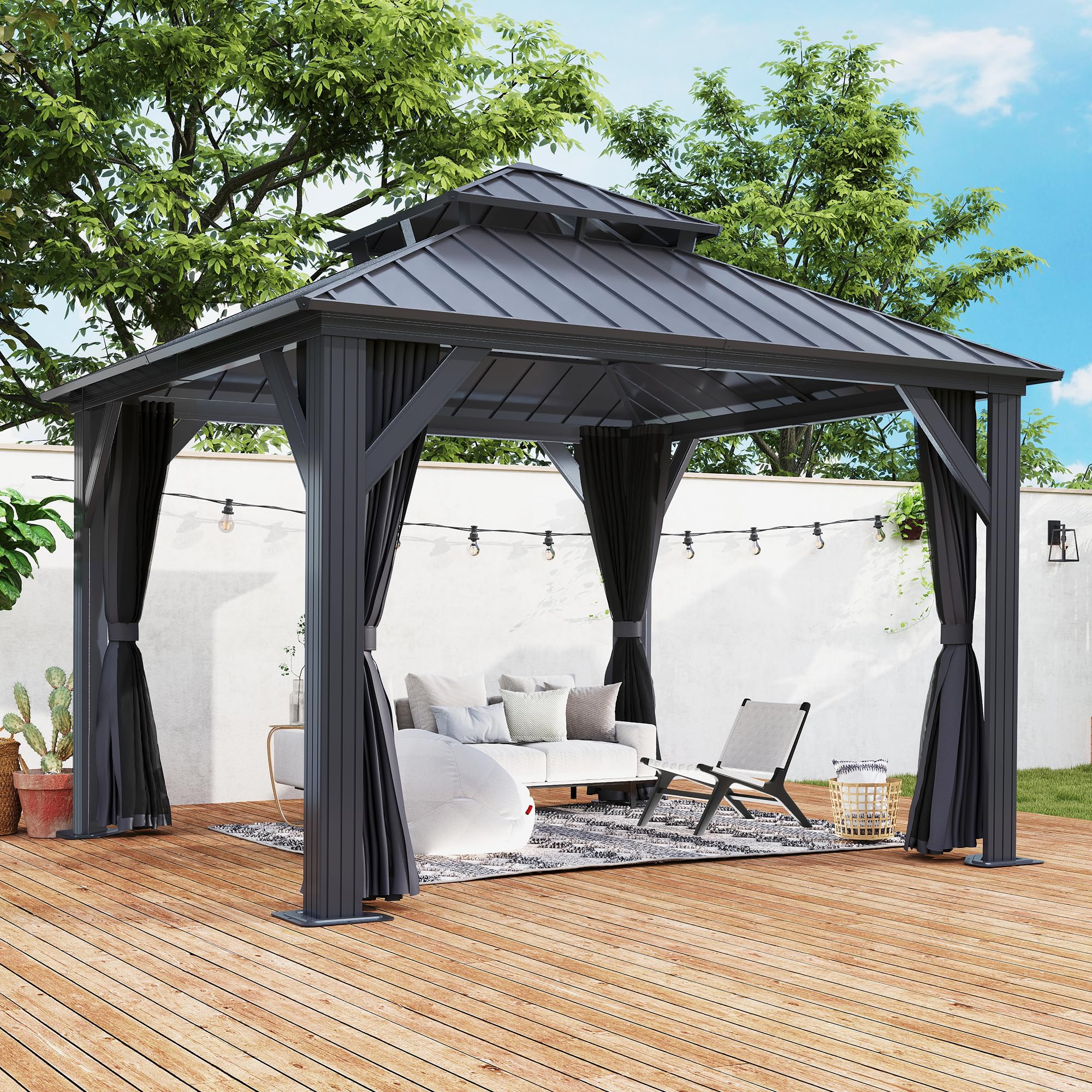 12×12 ft Aluminum Hardtop Gazebo with Galvanized Steel Double Roof & Curtains