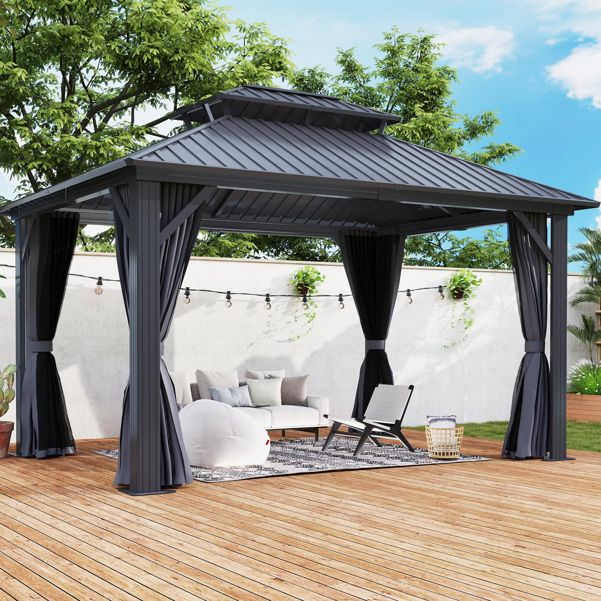12×14 ft Aluminum Hardtop Gazebo with Galvanized Steel Double Roof & Curtains