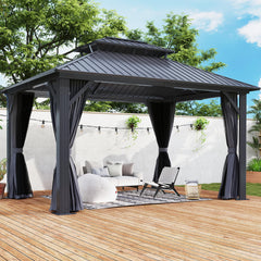 COVERONICS 12' x 14' Outdoor Galvanized Hardtop Gazebo - Aluminum Heavy-Duty Double Roof Vented Gazebo with Breathable Netting & Privacy Curtains for Patio, Porch, Garden, Lawn