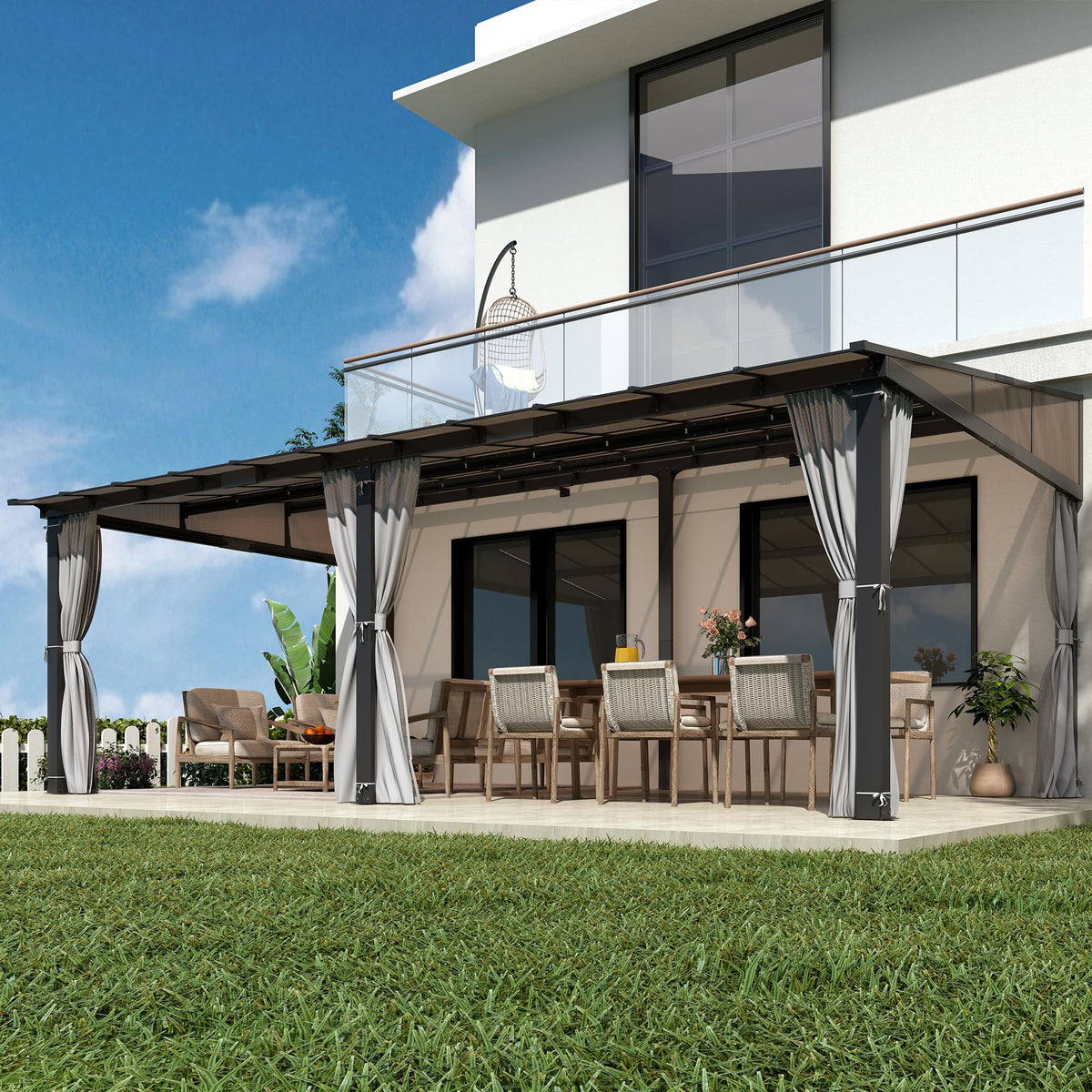 COVERONICS 12' X 20' Outdoor Polycarbonate Lean to Gazebo - Wall-Mounted Aluminum Frame Gazebo with Slope Hardtop, Patio Heavy-Duty Lean to Pergola with Netting & Curtains for Garden, Backyard, Deck