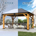 COVERONICS 11FT x 13FT Outdoor Spruce Wooden Gazebo - Patio Wood Frame Gazebo with Galvanized Steel Hardtop, Heavy-Duty Hardtop Gazebos for Garden, Poolside, Deck, Backyard