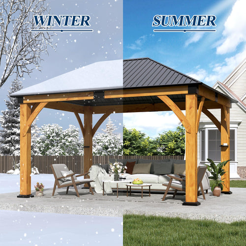 11×13 ft Spruce Wood Hardtop Gazebo with Galvanized Steel Roof for Backyard