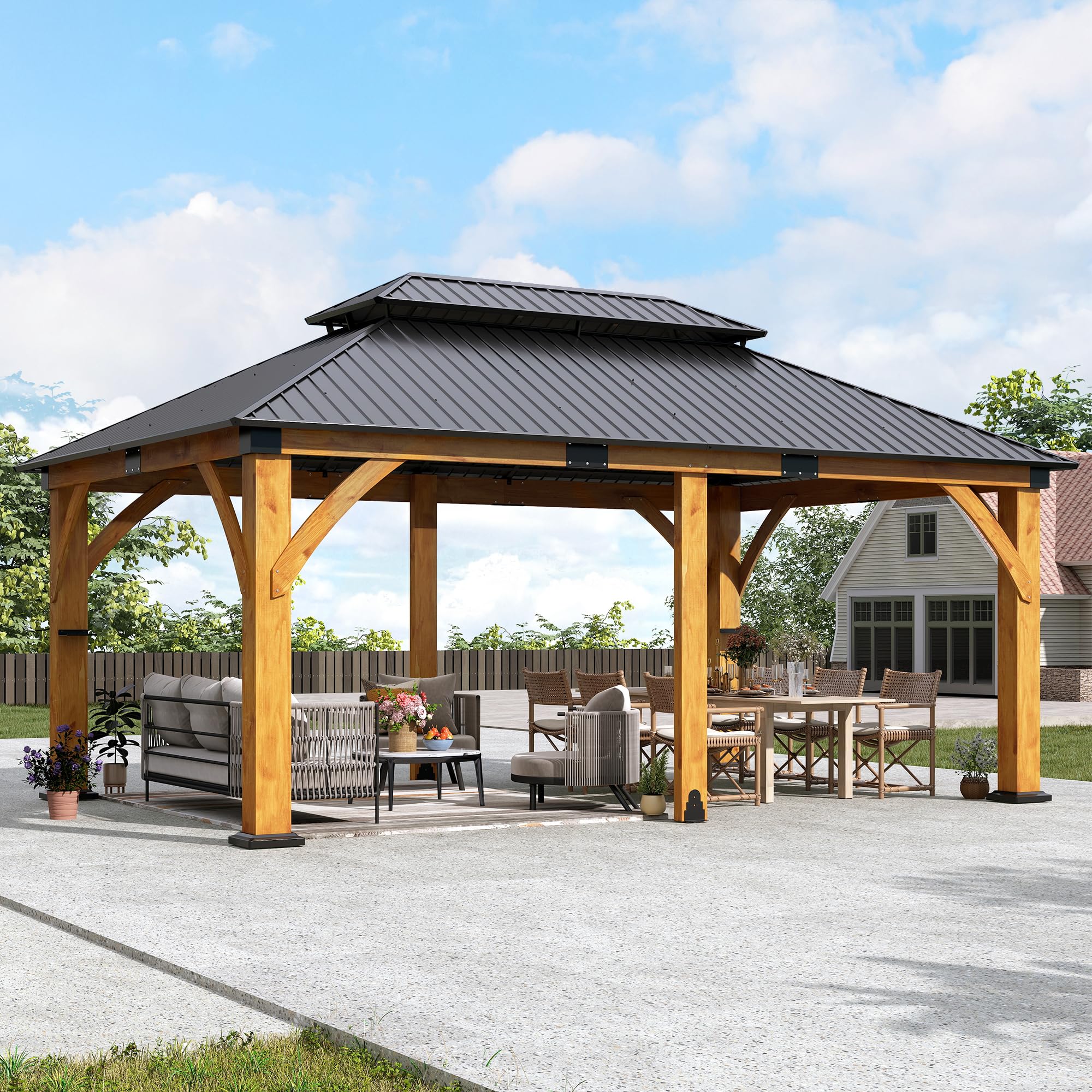 12×20 ft Spruce Wood Double Roof Hardtop Gazebo with Galvanized Steel Roof for Backyard