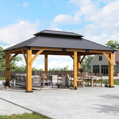 COVERONICS 12FT x 20FT Outdoor Spruce Wooden Gazebo - Patio Wood Frame Gazebo with Galvanized Steel Double Roof, Heavy-Duty Hardtop for Garden, Poolside, Deck, Backyard