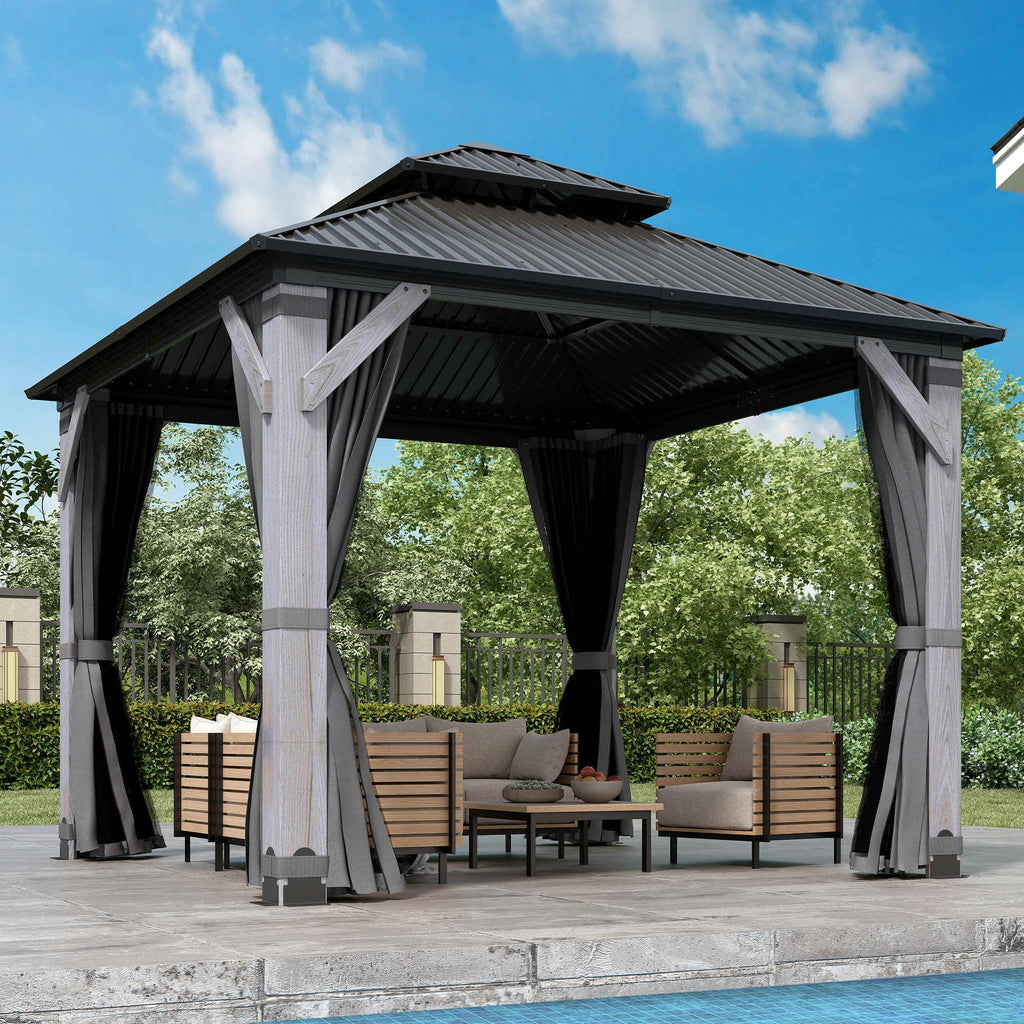 COVERONICS 8.5FT x 8.5FT Outdoor Hardtop Gazebo - Patio Cedar Wood Post Gazebo with Galvanized Steel Hardtop, Heavy-Duty Double Roof Pavilion with Netting & Curtains for Garden, Poolside, Deck, Backyard