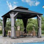 COVERONICS 8.5FT x 8.5FT Outdoor Hardtop Gazebo - Patio Cedar Wood Post Gazebo with Galvanized Steel Hardtop, Heavy-Duty Double Roof Pavilion with Netting & Curtains for Garden, Poolside, Deck, Backyard