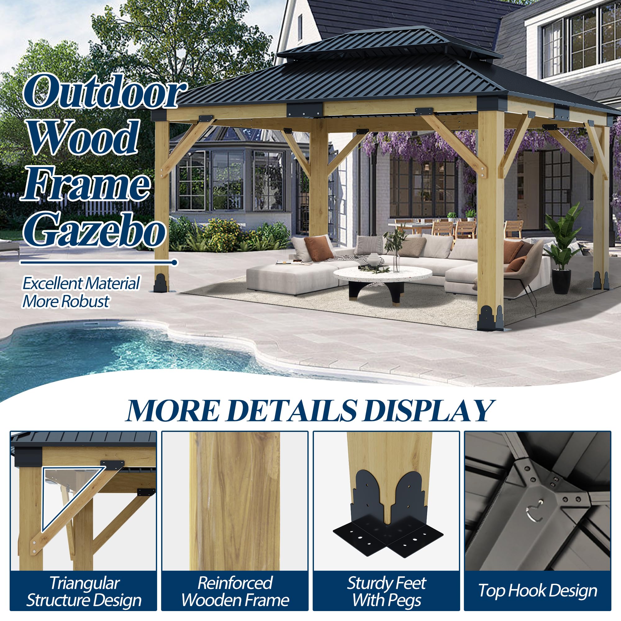 COVERONICS 13FT x 15FT Outdoor Cedar Wooden Gazebo - Patio Wood Frame Gazebo with Galvanized Steel Hardtop, Heavy-Duty Hardtop Gazebo for Garden, Poolside, Deck, Backyard