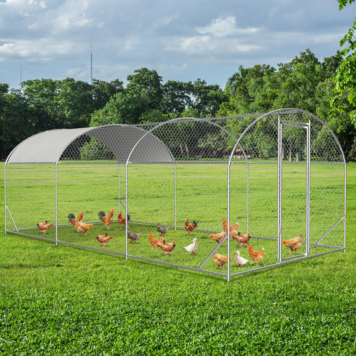 COVERONICS Metal Chicken Coop Run - Outdoor Large Chicken Coop with Waterproof Cover and Security Lock, Walk-in Poultry Pen for Outdoor Yard Farm 9x19x6.5FT (3-Unit Dome Roof Coop)