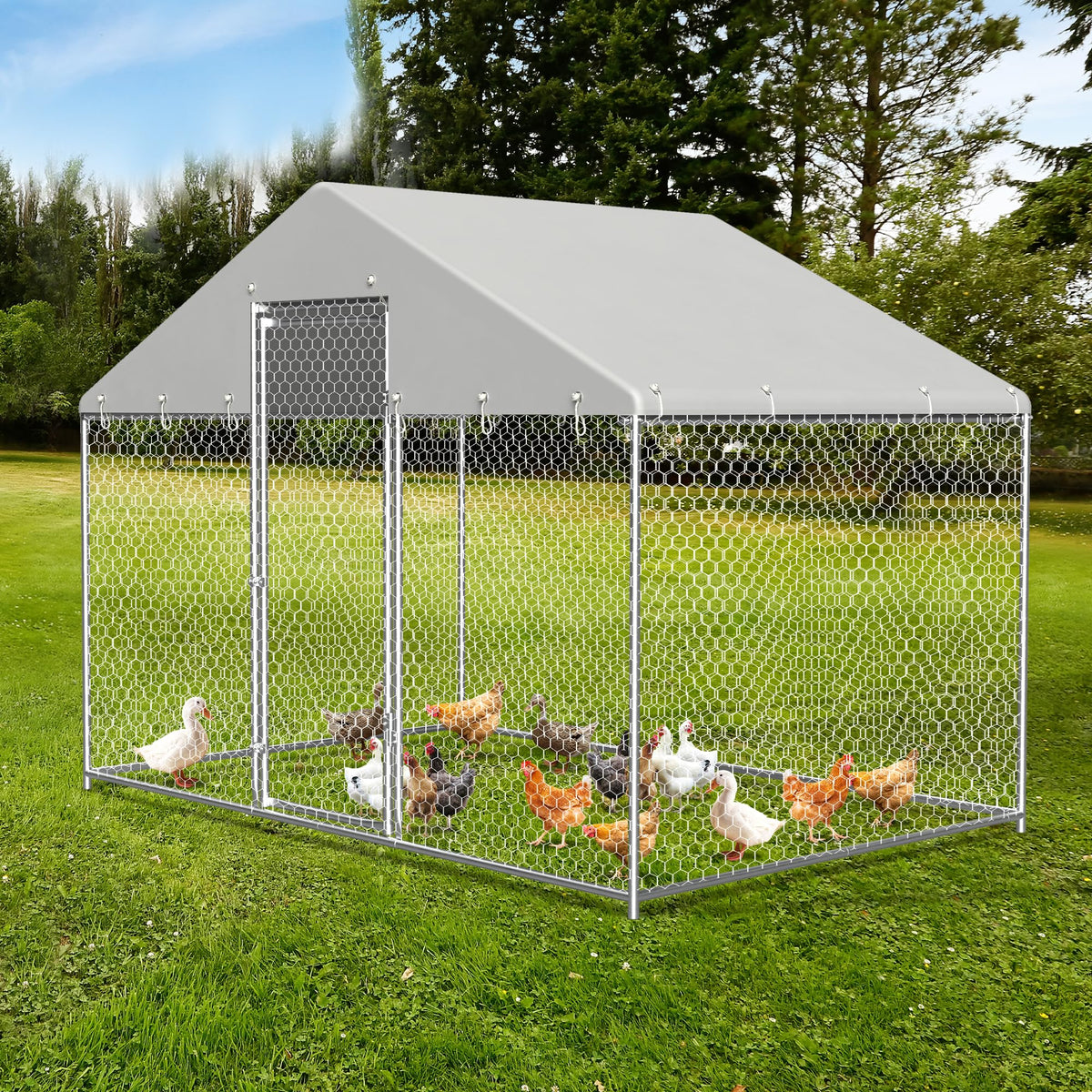 COVERONICS Metal Chicken Coop Run - Outdoor Large Chicken Coop with Waterproof Cover and Security Lock, Walk-in Poultry Pen for Outdoor Yard Farm 9.7 * 6.5 * 6.4FT (1-Unit Spire Roof Coop)