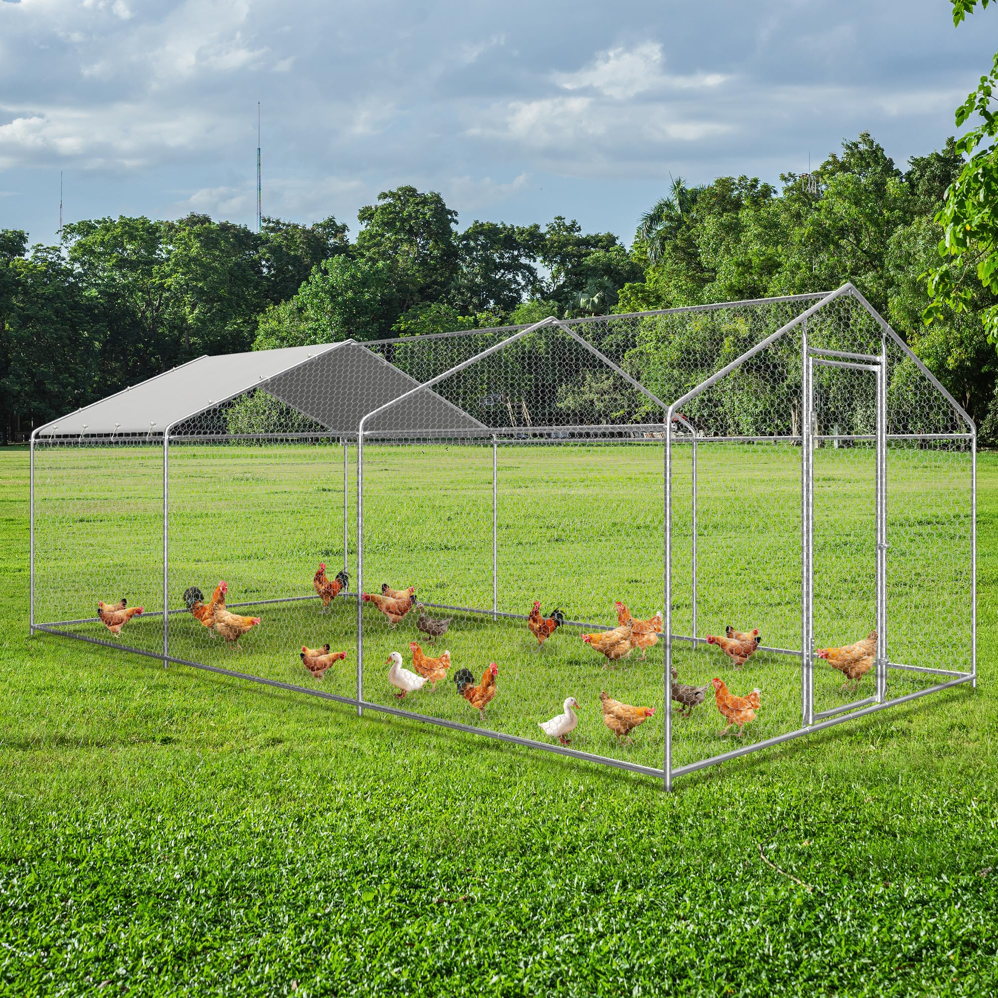 9×19×6.4 ft Metal Chicken Coop Run (3-Unit Spire Roof Coop)