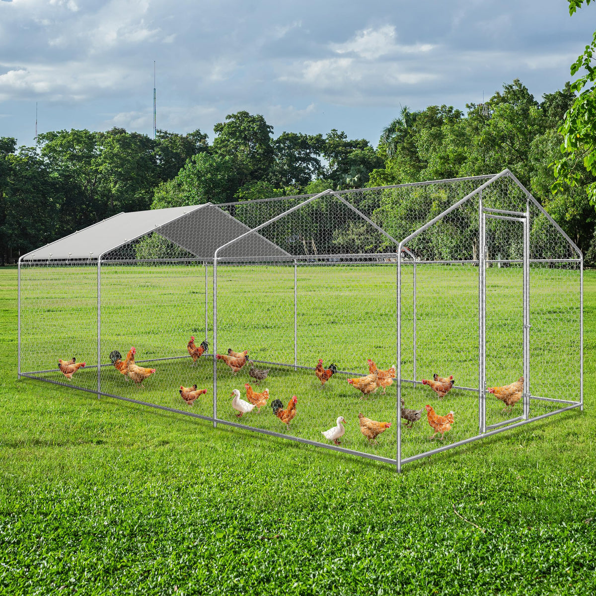 COVERONICS Metal Chicken Coop Run - Outdoor Large Chicken Coop with Waterproof Cover and Security Lock, Walk-in Poultry Pen for Outdoor Yard Farm 9x19x6.4FT (3-Unit Spire Roof Coop)