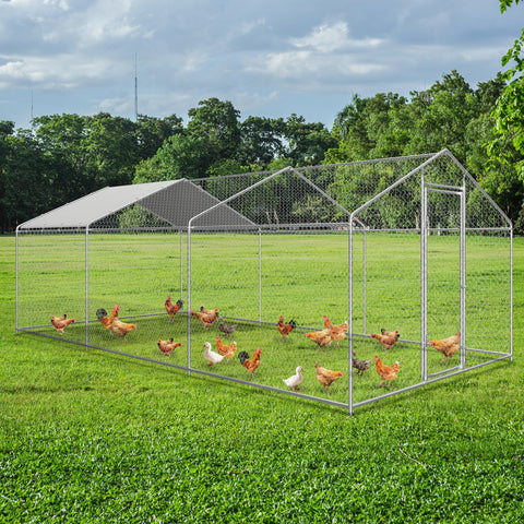 COVERONICS Metal Chicken Coop Run - Outdoor Large Chicken Coop with Waterproof Cover and Security Lock, Walk-in Poultry Pen for Outdoor Yard Farm 9x19x6.4FT (3-Unit Spire Roof Coop)