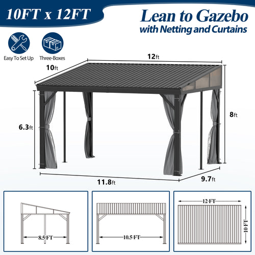 10×12 ft Wall-Mounted Aluminum Gazebo With Natural Wood Framing