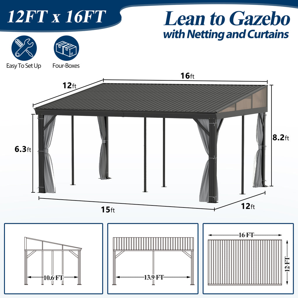 12×16 ft Wall-Mounted Aluminum Gazebo