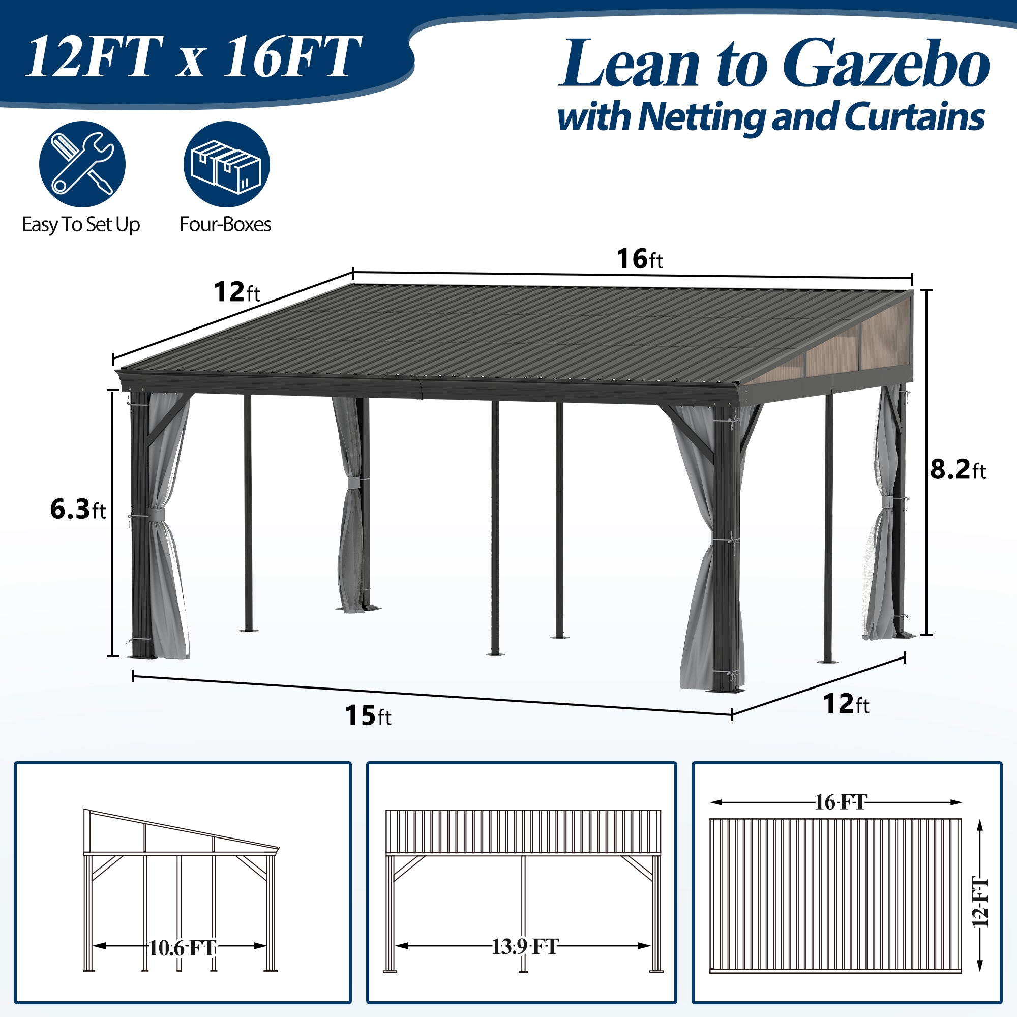 12×16 ft Wall-Mounted Aluminum Gazebo