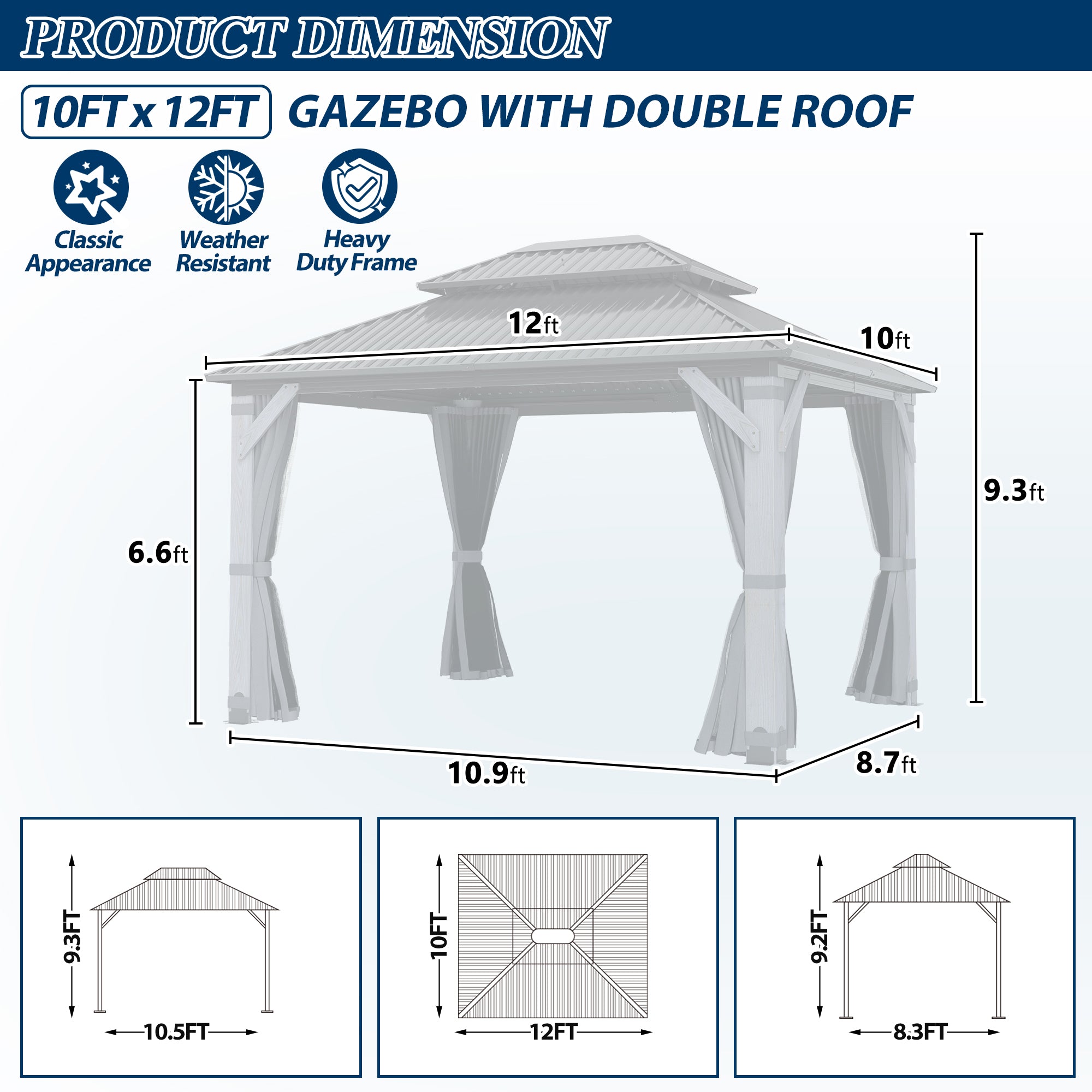 10×12 ft Wood Hardtop Gazebo