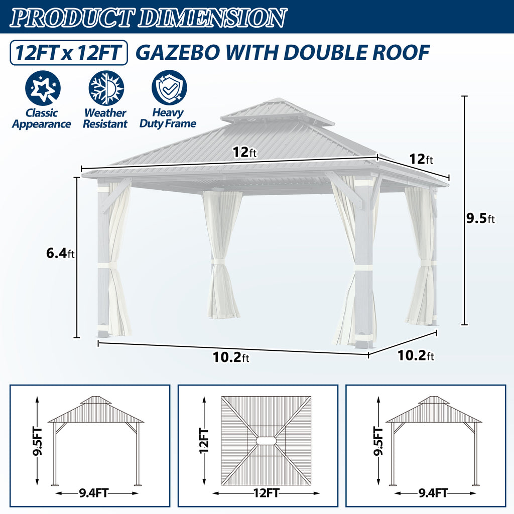 12×12 ft Wood Hardtop Gazebo