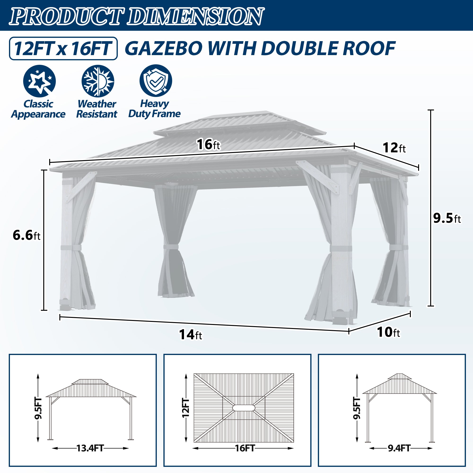12×16 ft Wood Hardtop Gazebo