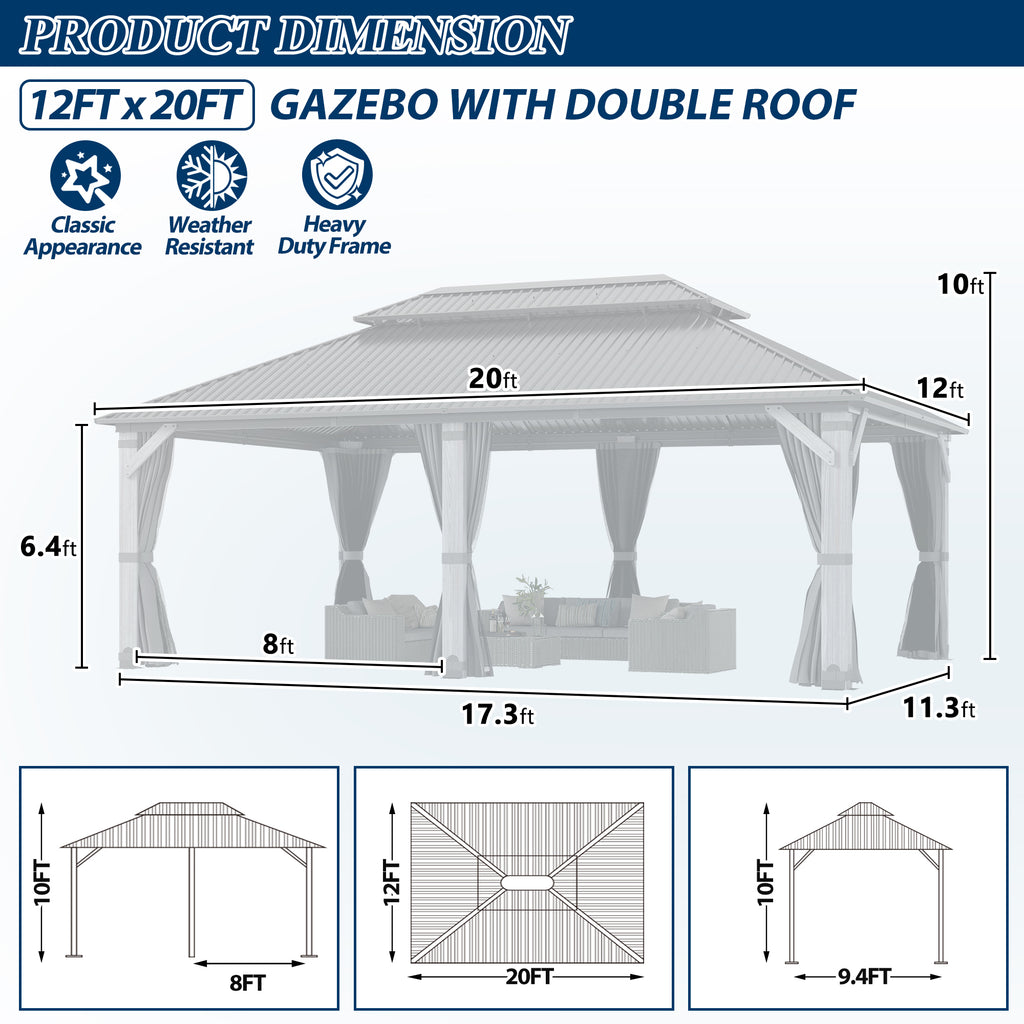 12×20 ft Wood Hardtop Gazebo