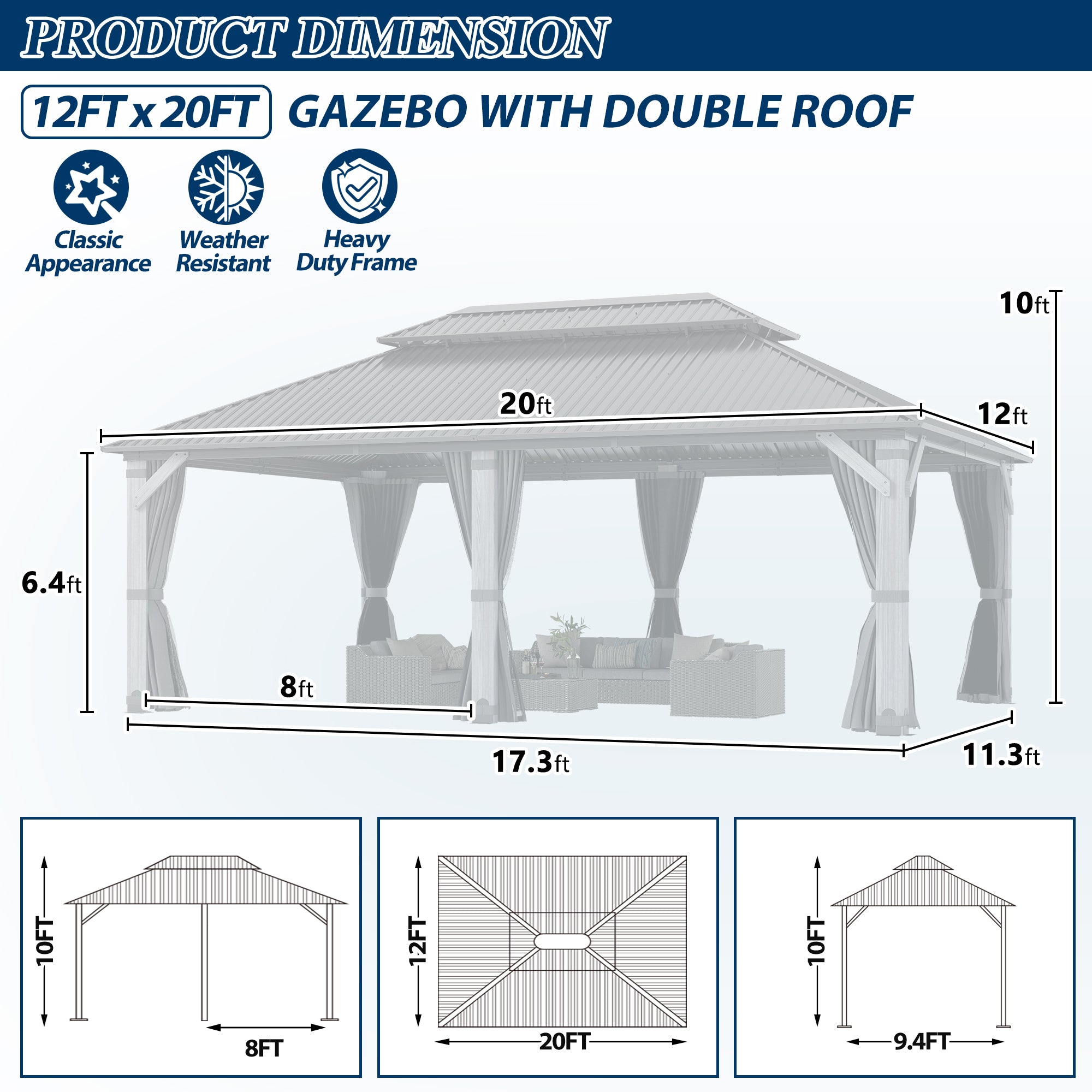 12×20 ft Wood Hardtop Gazebo