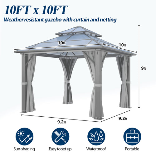 10×10 ft Polycarbonate Double Roof Hardtop Gazebo