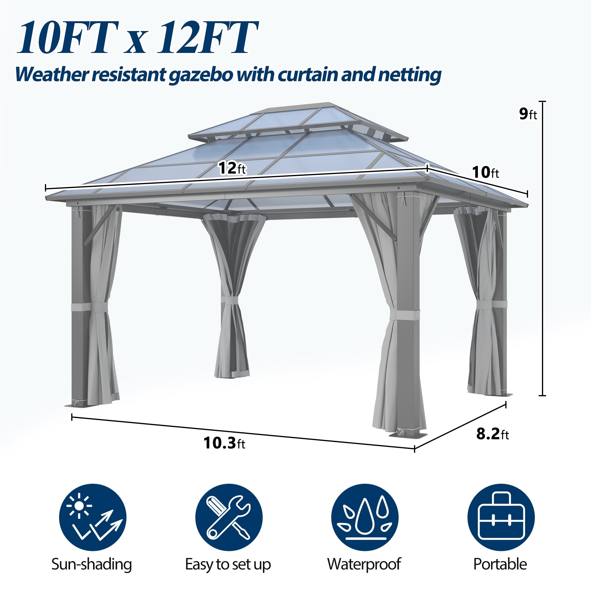 10×12 ft Polycarbonate Double Roof Hardtop Gazebo